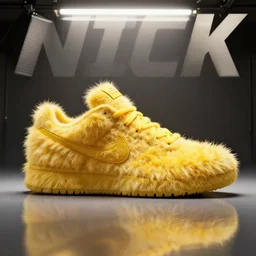 poster nike shoe made of very fluffy yellow faux fur placed on reflective surface, professional advertising, overhead lighting, heavy detail, realistic by nate vanhook, mark miner