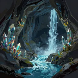 concept art by jama jurabaev, cel shaded, cinematic shot, trending on artstation, high quality, brush stroke, vibrant colors, late at night, dark underground crystal caves, streams, waterfalls