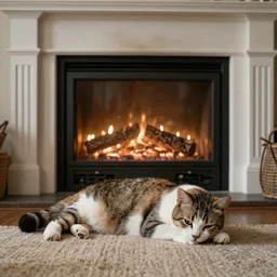 album cover of sad cat lying down in front of fireplace