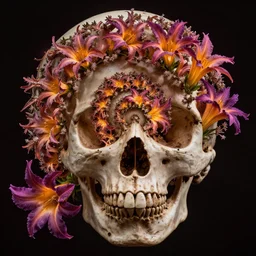 a fractal within a fractal within a fractal within a fractal within a fractal all contained in a human skull and complimented with the most beautiful datura flowers, dynamic lighting