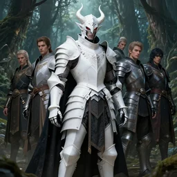 high intricate male warrior with white baroque armor and black garment, demon lord, ancient forest, maria panfilova, andrea savchenko, mike kime, ludovic plouffe, qi sheng luo, oliver cook, julian calle, eddie mendoza, trending on artstation