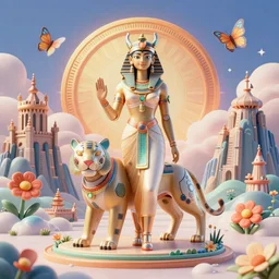 3 d render of cyborg demon fairy hindu god and tigress egyptian goddess standing in cybernetic mountain landscape with castle ruins against a psychedelic surreal background with 3 d butterflies and 3 d flowers n the style of 1 9 9 0's cg graphics against the cloudy night sky, lsd dream emulator psx, 3 d rendered y 2 k aesthetic by ichiro tanida, 3 do magazine, wide shot