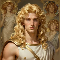 Apollo the pale blond Greek God league of legends on his day off, long fluffy curly blond hair with Center parted curtain bangs, highly detailed, digital painting, artstation, concept art, golden ratio composition, smooth, sharp focus, illustration, ArtStation, art by artgerm and greg rutkowski and alphonse mucha and Edmund Blair Leighton and Charlie Bowater