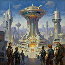 a sci - fi futuristic majestic amusement part, crypto - punk, cyberpunk, by bernardo bellotto, by chesley bonestell, by john berkey, by dean ellis, by peter elson, by ed emshwiller, oil on canvas, masterpiece, trending on artstation, featured on pixiv, brilliant lighting, sharp, detailed, hd,