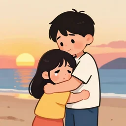 a boy hugging a crying girl on the beach, sunset, cartoon