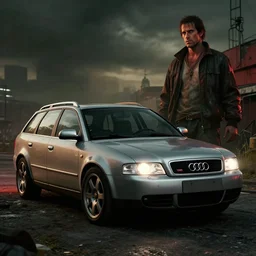 Audi A4 B6 Avant (2002), a post apocalyptic, dramatic lighting, cinematic, establishing shot, extremly high detail, photorealistic, cinematic lighting, artstation, style by greg rutkowsky, Max Payne (PC) (2001) landscape