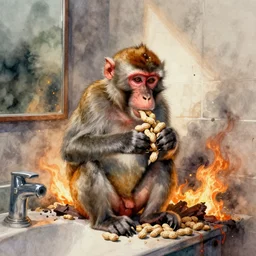 monkey eating peanuts in a burning bathroom, watercolor painting,