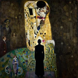 highly detailed oil painting | very intricate | cinematic lighting | black, white and gold color scheme, dark background | the hermit looking into the abyss by alexander mcqueen | by roberto ferri, by tom bagshaw, by singer sargent and klimt, american romanticism, occult art | by austin osman spare, artstation, cgsociety, official art, octane