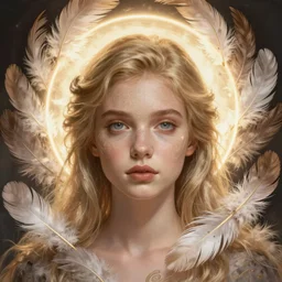 A portrait of a blonde girl with a glowing halo surrounded by many delicate feathers, face, intricate, elegant, highly detailed, digital painting, artstation, concept art, smooth, sharp focus, illustration, art by Krenz Cushart and Artem Demura and alphonse mucha