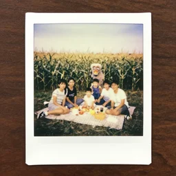 old polaroid of an family picnic with a weird creature in a corn field