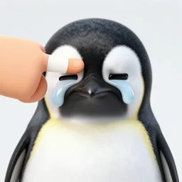 pinching hand emoji in front of a sad penguin, the penguin is crying, high resolution photo