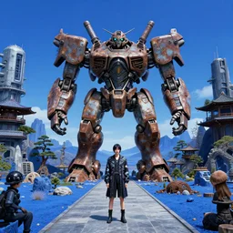 by oka yasutomo and anna dittmann, visually stunning, cinematic, ultra realistic, hyper realism, 1 2 k, epic, octane render, unreal engine, vfx, maya, japanese garden in a space fortress, a huge rusting mech, crazy fashion catwalk, blue desert, a death metal album cover art