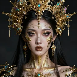 hyperrealistic detailed portrait of a beautiful goddess in an iridescent - gold ornamental headdress, intricate cyberpunk make - up, golden face tattoos, art by android jones, john william godward, nekro borja, gothic - cyberpunk, beautiful deep colours,