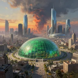 post - apokalyptic, nuclear explosion on the horizon, destruction capital city of the free republic of liberland with humongous green glass dome and path around it and humongous futuristic glass buildings built in the horizon, sunset light, hyperdetailed, artstation, painting by gaston bussiere, craig mullins, j. c. leyendecker, 8 k