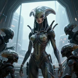 aliens brainsuckers warriors attacking beautiful kali goddess near the giant window inside ufo, masterpiece. rendered in blender, ultra realistic, smooth shading, ultra detailed, high resolution, cinematic, unreal 6, perfect face, cyberpunk, fine details, studio lighting, subtle shadows, art by katsuya terada, photorealism, hyper realism, octane render, hyper detailed, canon eos r 3, f / 1. 4, iso 2 0 0, 1 / 1 6 0 s, medium shot, 8 k, raw, unedited, in - frame,