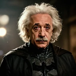Albert Einstein as Batman in Gears of War, splash art, movie still, detailed face, cinematic lighting, dramatic, octane render, long lens, shallow depth of field, bokeh, anamorphic lens flare, 8k, hyper detailed, 35mm film grain