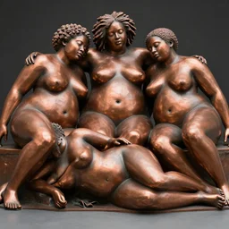 copper sculpture of 3 beautiful fat black people lying sensuously