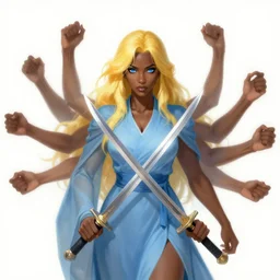 Alluring Mesmer Woman, grown up, light yellow hair, blue eyes, dark brown skin, Light blue robes, covered, and dual swords, multiple illusory arms, by Frank Franzetta, cgsociety, artstationHD, safebooru, high quality, HD