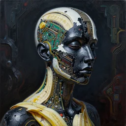 stunning person completely made out of chipped black paint, banana, exposed pc circuitry!! and white glossy plastic, razer naga molten volcano backdrop, by greg rutkowski, oil on canvas, intricate design, high detail!!, trending on artstation, 4 k