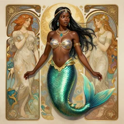 Sudanese Mermaid, highly detailed, not deformed like every time I try to create a black woman, no racism, digital painting, artstation, concept art, smooth, sharp focus, illustration, Unreal Engine 5, 8K, art by Ross Tran and Greg Rutkowski and Alphonse Mucha