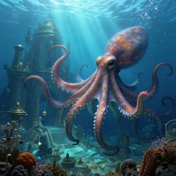 the underwater lost city of atlantis, huge octopus nearby, volumetric light, detailed, unreal engine, by greg rutkowski