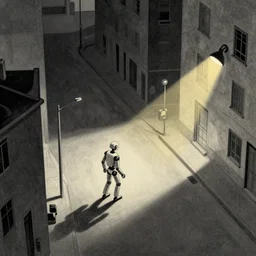 a robot followed by a watchful light wandering the streets of a city, high angle, stylized, sparse detail, by remedios varo, picasso and moebius