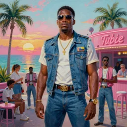 an oil painting of crockett and tubbs, eighties miami vice, southbeach nightclub, ultra realistic, highly detailed, sunset, masterpiece, cinematic by greg rutkowski, frank frazetta, beeple, christian macnevin, beeple, wlop, krenz cushart, epic fantasy character art, volumetric lighting, cgsociety, pink and teal