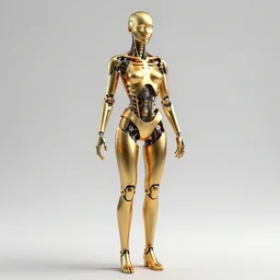 full body illustration of a futuristic female golden mechanical skeleton with human face, wires, glowing internal light, hyperdetailed, by alex grey, intricate linework, faberge, intricate gold linework, dark atmosphere, unreal engine 5 highly rendered, global illumination, radiant light, detailed and intricate environment