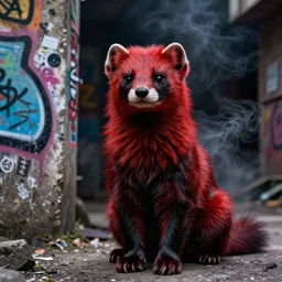 photo ( far _ shot ), subject [ furry _ fandom _ fursona _ original _ character ( red - black, anthropomorphic _ humanoid, weasel - ferret - stoat ) ], background ( dark _ smoke ), medium [ graffiti ( spray _ paint, concrete _ wall ) ], location ( favela _ alley )