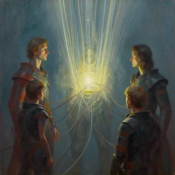 being of light attached to wires futuristic, tim hildebrandt, wayne barlowe, bruce pennington, donato giancola, trending on artstation, cinematic composition, beautiful lighting, hyper detailed, 8 k, oil on canvas