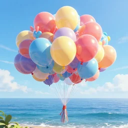 digital art of plenty of giant birthday balloons floating above the sea. artstation cgsociety masterpiece