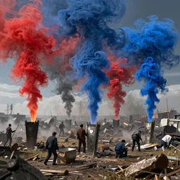 politics, landscape, dystopian, war, real, red and blue smoke politicians, highly detailed 8k