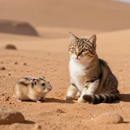 a cat and a hamster chilling on a beach on mars