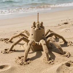 a spider made of sand invading a sandcastle in the beach