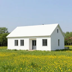 a white colored building in the meadow, with yellow flowers around it
