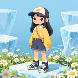 anthropomorphic lurantis girl in an ice floe standing in a field of daisies wearing converse shoes and a davey crockett hat, digital illustration by ruan jia on artstation