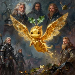 small cute golden flying hollyphant with wings. fantasy concept art. moody epic painting by james gurney, greg rutkowski, charlie bowater, maxim verehin and alphonso mucha. artstationhq. painting with vivid color. ( dragon age, witcher 3, lotr )