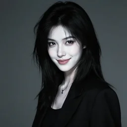death as a young, attractive, slim woman of average height in her early to mid 2 0's, very pale white skin, dark eyes, jet - black hair, 1 9 8 0 s haircut, smiling, wears black clothing and a necklace