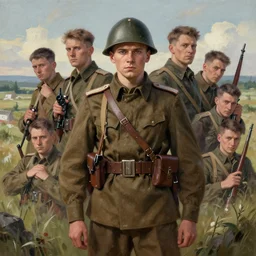 character portrait of a wolrd war ii soviet soldier in a thematic landscape in the style of greg rutkowski, darek zabrocki, marcin rubinkowski, lorenzo lanfranconi, oleg zherebin, karlkka, trending on artstation
