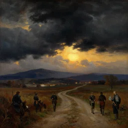 painting by sargent leyendecker and gurney, rhads, vasnetsov, savrasov levitan polenov, middle ages, above the layered low clouds with field and mountains travel path road at sunset, golden hour, warm light, fantasy, witcher 3, overcast sharpen details darkest night black sky
