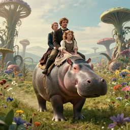 70mm still from a sci fi blockbuster movie made in 2022, set in 1860, of a family riding on the back of alien hippos, on an alien planet, across an alien landscape that is full of strange wild alien plants and flowers, the family are wearing 1850s era clothes, cinematic lighting, 8k, in focus faces, good quality lighting, good quality photography, oscar winner