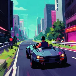 cart driving down neo - tokyo outskirts. art in the style of vincent di fate's cyberpunk 2 0 2 0.