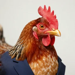 a closeup shot of a chicken wearing a suit, photorealistic