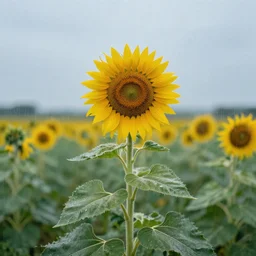a sad! sunflower on a rainy! day, standing in a wide field!, in a symbolic and meaningful style, trending on artstation, monet.