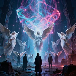 mysterious angels over epic dark ancient city, infinite fractal tesseract, quantum waves, synthwave, bright neon colors, highly detailed, cinematic, tim white, vladimir kush, philippe druillet, roger dean, bob eggleton, michael whelan, boris vallejo, alfred kelsner, kubrick