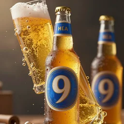 cinematic lighting, octane render, highly detailed, concept art, trending artstation, digital painting, shallow depth of field, illustration, photorealism, epic, gas bubbles in beer, beer bottle with blue label,'9 ', vibrant colors