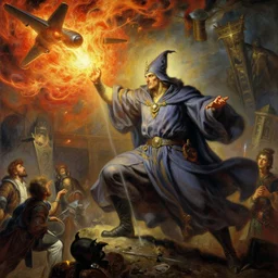stunning male master wizard destroying aircraft by his fire spell, highly detailed painting by gaston bussiere, craig mullins, j. c. leyendecker, 8 k