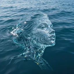 water artwork manipulation in the shape of a beautiful female head, on the ocean water, ray tracing, realistic water sharp focus, long shot, 8 k resolution, cinematic, realistic water art