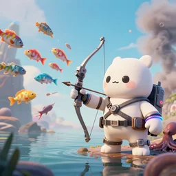 scifi scene, landscape, cute monsters, hold mechanical bow and arrow, wearing brand of off white style, catching colorful fishes + sepia + octopus, with depth of field, octane render, neon hand sports bracelet, standing on the water ground, with splatoon + ratchet & clank : rift apart style, smoke war, comic paint, anorld render, unreal engine render, vfx, octane render, highly quality, artstation, 4 k,