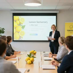 a professional lemon meeting about lemon sales for the month, Head lemon giving a PowerPoint presentation